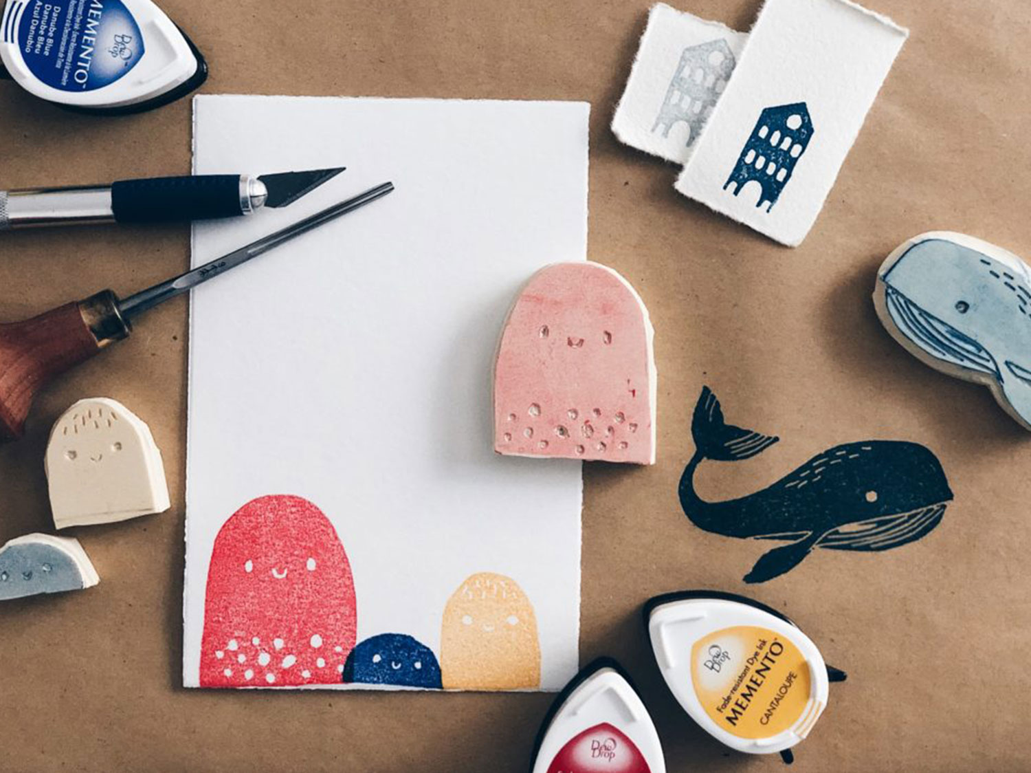 Hand-carved stamps and ink pads.