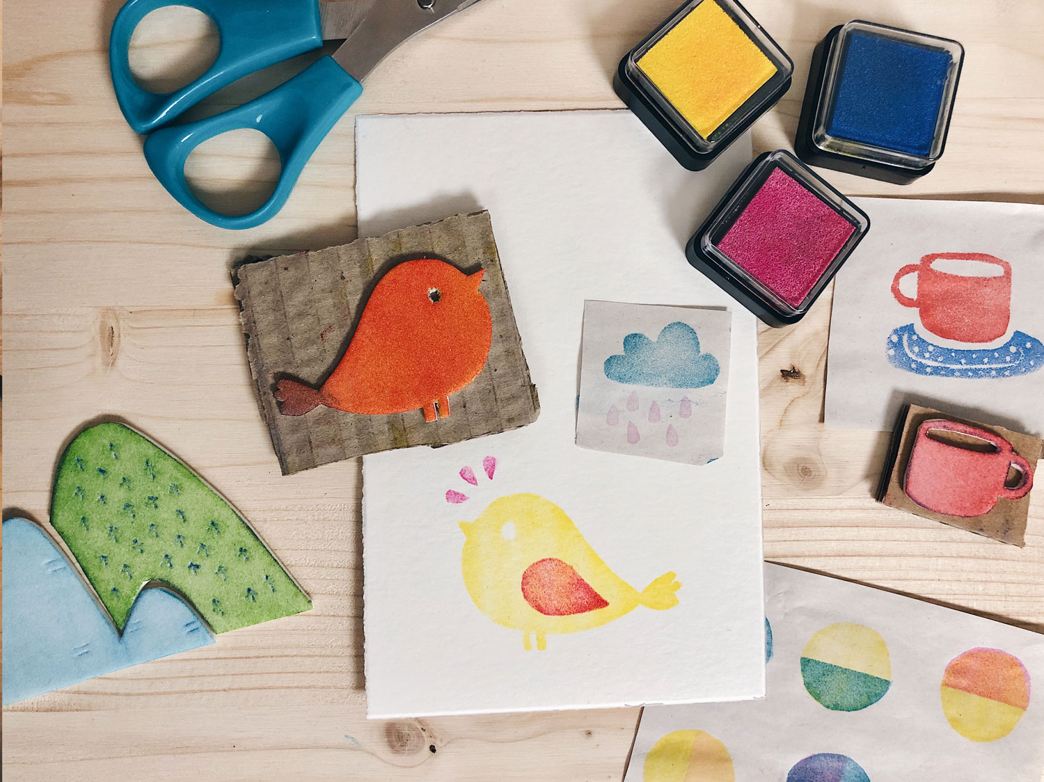 Handmade EVA foam stamps and ink pads.